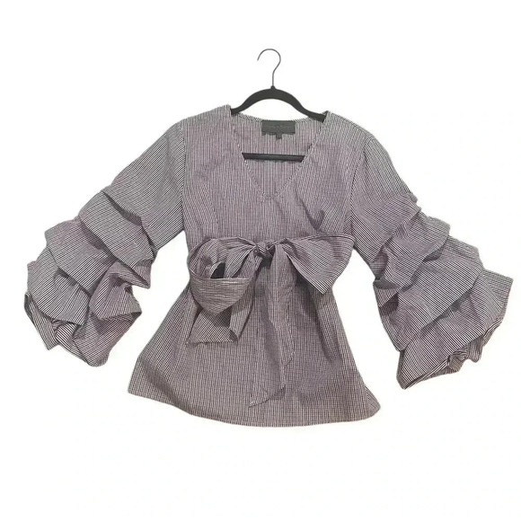 Anthropologie ruffled puff sleeve blouse gingham print bow tie belt small - Picture 2 of 11